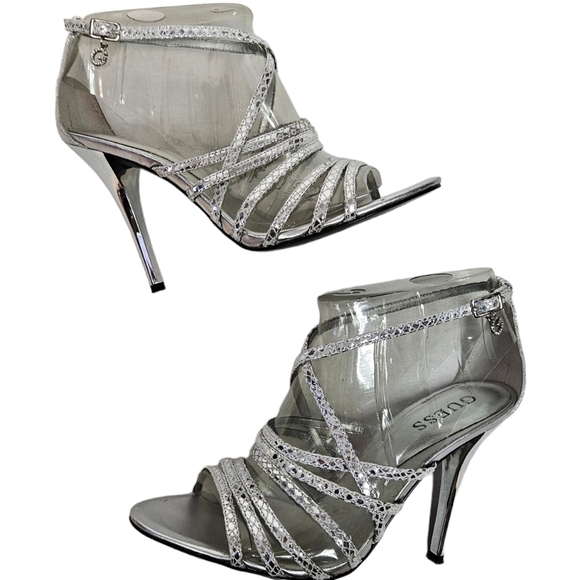 Guess Metallic Silver Leather Strappy Stiletto High Heels Size 6 Women's - Picture 8 of 13